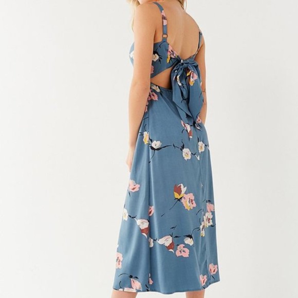 Urban Outfitters Floral Print Straight-Neck Tie-Back Blue Midi Dress Size XS